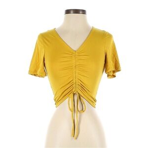 Mustard V-Neck Ruched Tie-Front Crop Top
